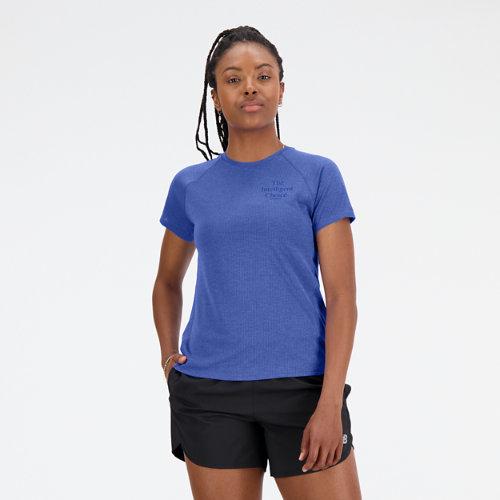 New Balance Women's Printed Impact Run Short Sleeve in Blue Poly Knit, Size Medium on Productcaster.