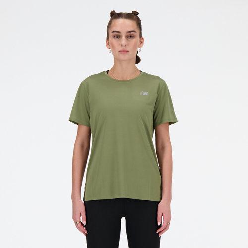 New Balance Women's Sport Essentials T-Shirt in Green Poly Knit, size X-Small on Productcaster.