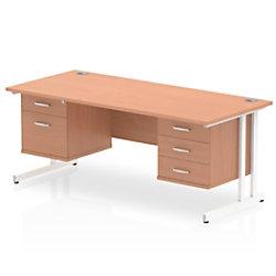 Dynamic Rectangular Office Desk Beech MFC Cantilever Leg White Frame 1 x 2 Drawer 1 x 3 Drawer Fixed Ped 1800 x 800 x 730mm on Productcaster.