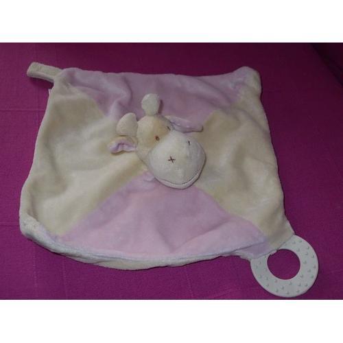 Doudou Peluche Vache Bout'chou Plat Carré Rose Crème Anneau Dentiti... on Productcaster.