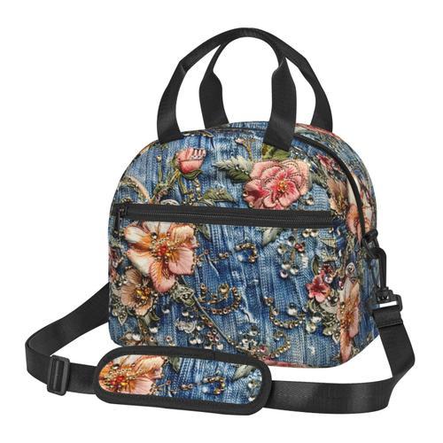 Sac à déjeuner Jean en denim à fleurs de cristal brodées Sac besace... on Productcaster.