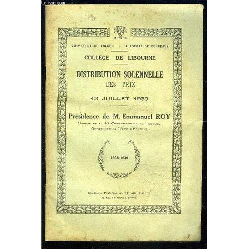 Distribution Solennelle Des Prix 13 Juillet 1939- College De Libour... on Productcaster.