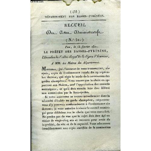 Recueil Des Actes Administratifs N°51 Departement Des Basses Pyrene... on Productcaster.