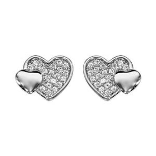 Boucles D'oreille Tige Argent Rhodié Double Coeur Pave Oxydes Blanc... on Productcaster.