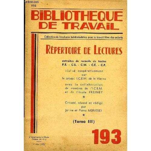 Bibliotheque De Travail N°193 - Repertoire De Lectures (Tome Iii) on Productcaster.