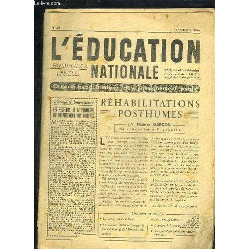 L'education Nationale N°20 - 13 Octobre 1949 - Sommaire : La Rentré... on Productcaster.