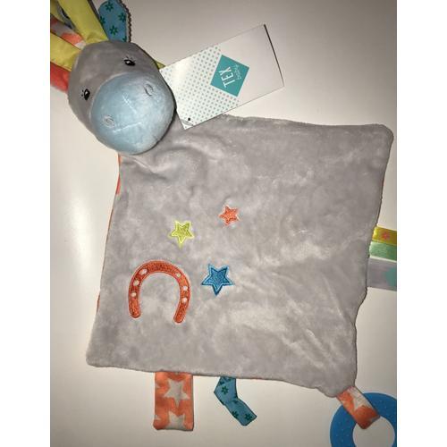 Doudou Cheval Gris Clair Bleu Etoiles Fer A Cheval Orange Anneau Ro... on Productcaster.