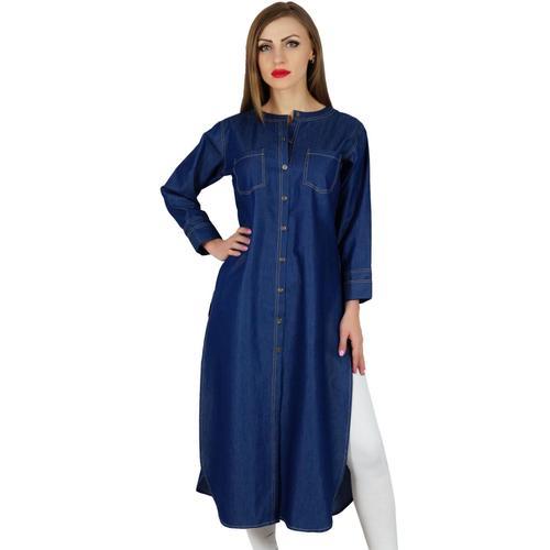 Bimba Bouton Vers Le Bas Denim Blue Kurta Kurti Manches Longues Cas... on Productcaster.