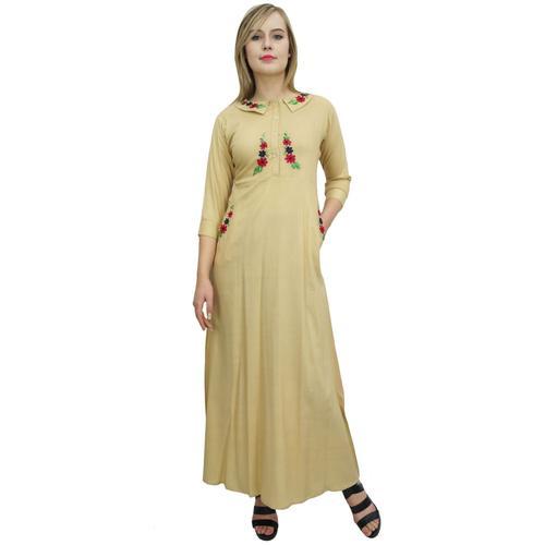 Bimba Femmes Floral Brod Beige Manches 3/ Robe Longue Avec Poches-36 on Productcaster.