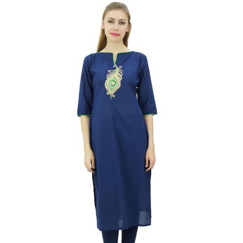 Coton Brodé De Plumes De Paon De Femme Bimba Tunique Bleu Kurti on Productcaster.