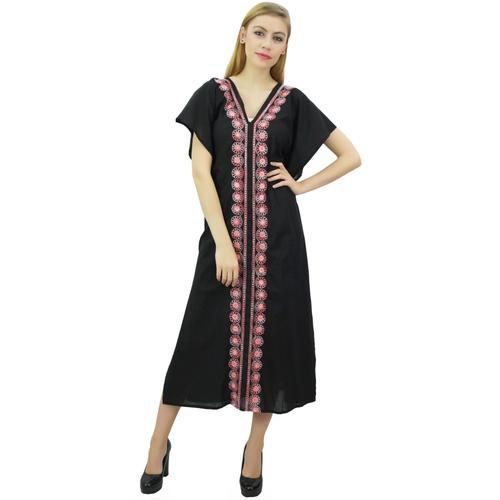 Coton Noir Féminin Bimba Brodé Usure Facile Longue Robe Maxi Caftan on Productcaster.