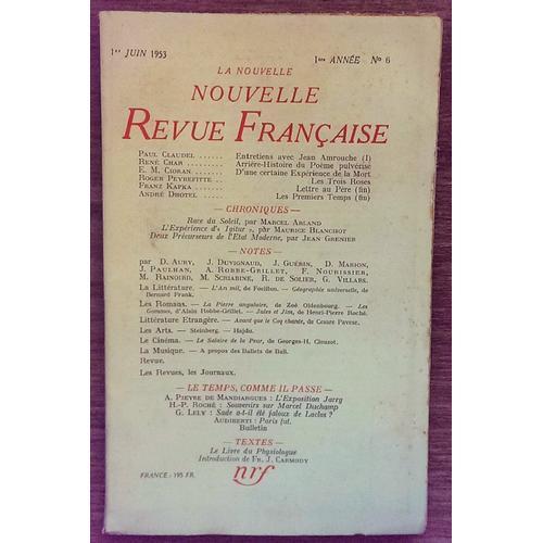 La Nouvelle Revue Française N° 6, Juin 1953: E. M. Cioran, D'une Ce... on Productcaster.