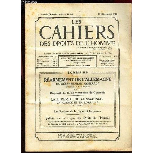 Les Cahiers Des Droits De L Homme - N°32 - 20 Decembre 1932 / Rearm... on Productcaster.