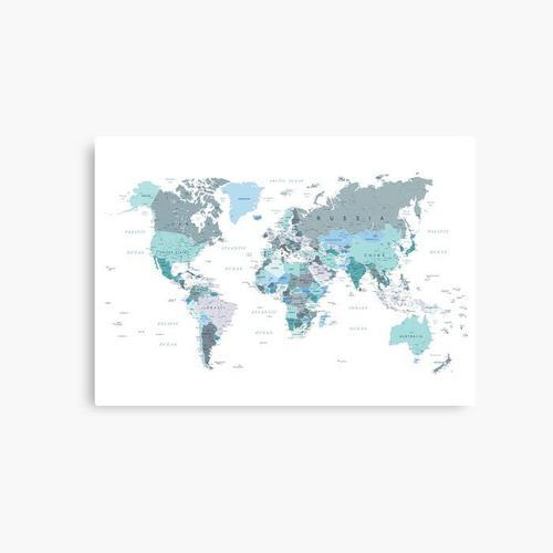 Canevas imprimer Carte du monde dans les tons bleu sarcelle Impress... on Productcaster.