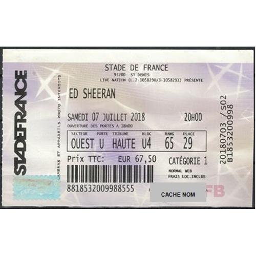 Ticket Concert Ed Sheeran Au Stade De France Samedi 07 Juillet 2018 on Productcaster.