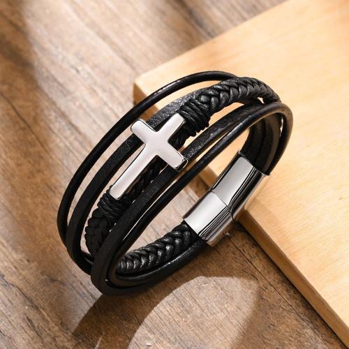 Vnox-Bracelets Croisés Pour Hommes, Bracelet En Cuir Tressé Noir Av... on Productcaster.