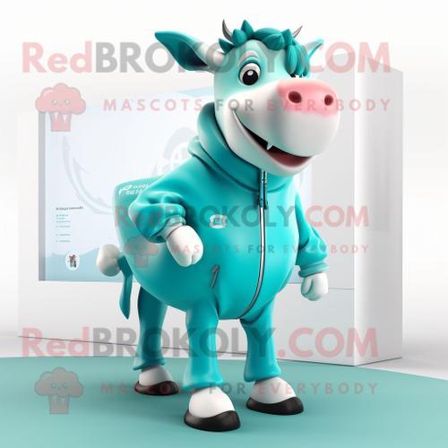 Mascotte Redbrokoly De Personnage De Vache Turquoise Vêtue D'un Cou... on Productcaster.