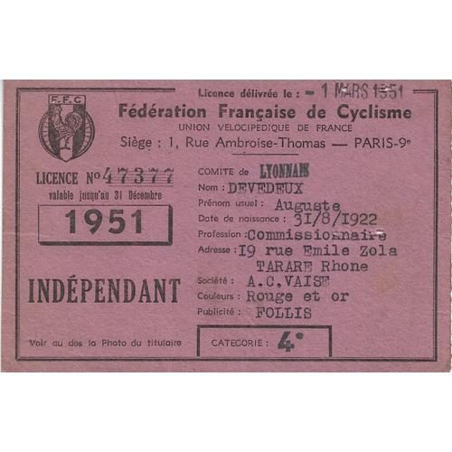 Fédération Française De Cyclisme Comité Du Lyonnais, Licence D'augu... on Productcaster.