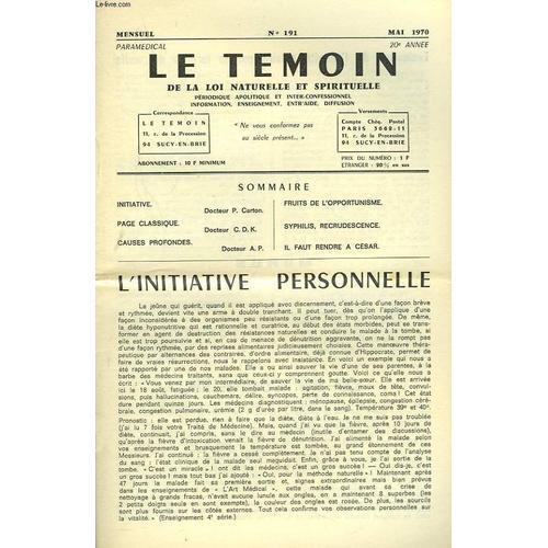 Le Temoin Des Lois Naturelles Et Spirtuelles N°191. Mai 1970. L Ini... on Productcaster.