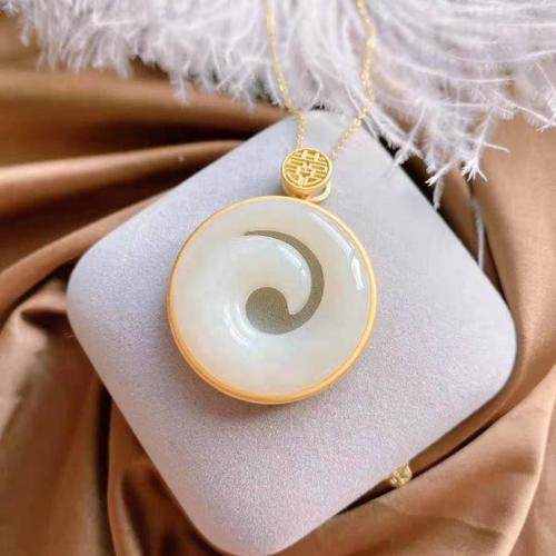 Collier À Pendentif Rond En Jade Blanc Naturel Hetian Incrusté D'ar... on Productcaster.