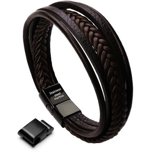 Marron Avec Joint Magnetique Homme Cuir Véritable Bracelet Et Acier... on Productcaster.