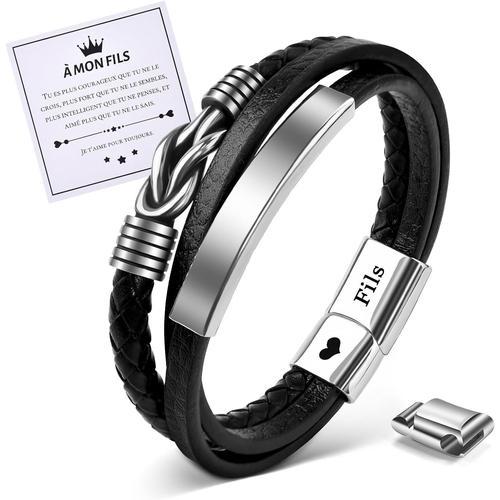 Bracelet Pour Fils En Cuir Cadeau Fils En Acier Inoxydable Gravé Fi... on Productcaster.