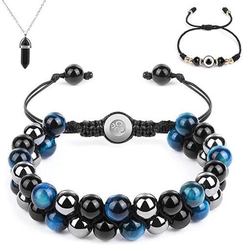 Bracelet Triple, Bracelet Réglable 8/10mm Hématite Noire Et Bleue O... on Productcaster.