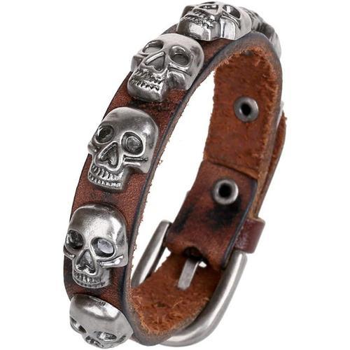 1 Bracelet Réglable En Cuir De Vache Avec Tête De Mort Et Perles - ... on Productcaster.