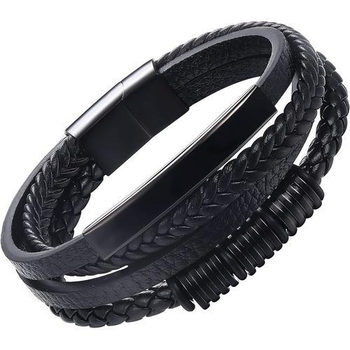 Noir Bracelet Noir Bracelet Cuir Homme Bracelet En Cuir Tressé Pour... on Productcaster.