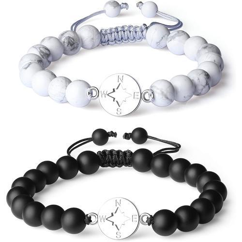 Onyx Noir Mat & Howlite Bracelet Distance Couple Pierre Boussole Co... on Productcaster.