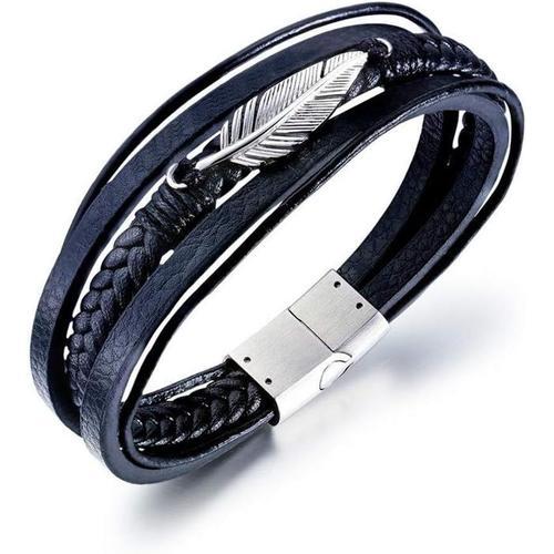 Noir-Argent Bracelet Cuir Pu Noir Plume Acier Inoxydable 21cm B311 on Productcaster.