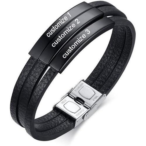 Noir Personnaliser Bracelet En Cuir Noir Avec Nom Personnalisé En A... on Productcaster.