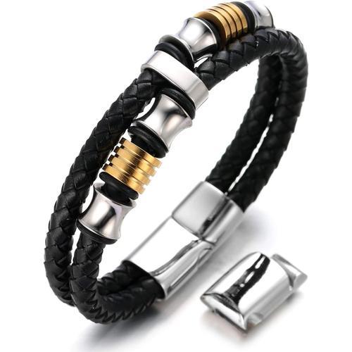 Hommes Bracelet Cuir Véritable Titane Perles Doré/Argent/Noir Fermo... on Productcaster.