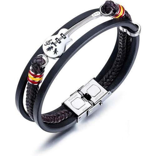 Guitare-1 Homme Bracelet Cuir PU Guitare Acier Inoxydable 21cm Régl... on Productcaster.