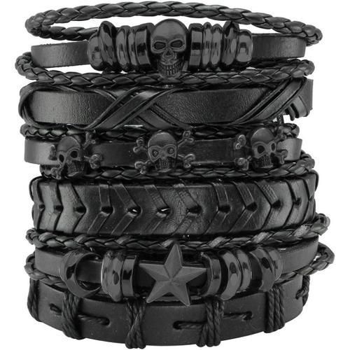 Noir - Surface Noire 5-6 Pcs Bracelet En Cuir Noir Tressé Large Bra... on Productcaster.