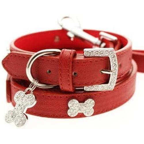 Rouge Rouge Collier Et Laisse Pour Chien En Cuir Avec Strass Rouge on Productcaster.