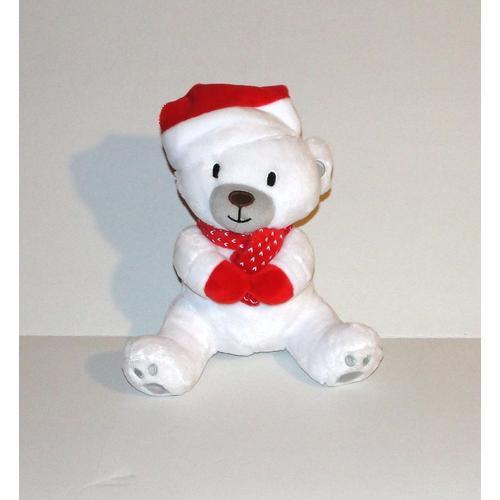 Peluche Ours Blanc Ideal Bonnet Rouge Grelot Doudou Ourson Assis 20... on Productcaster.