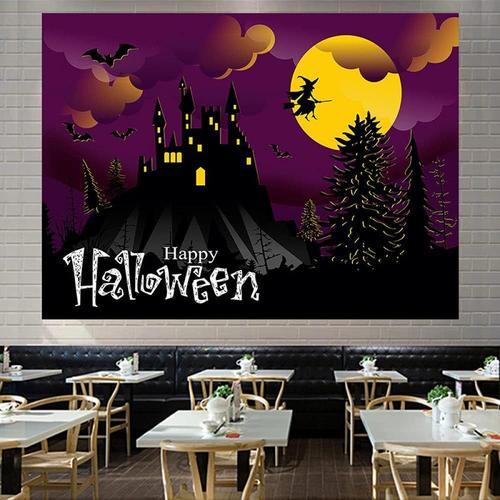 Tapisserie murale Happy Halloween, chateau de nuit d'horreur, sorci... on Productcaster.