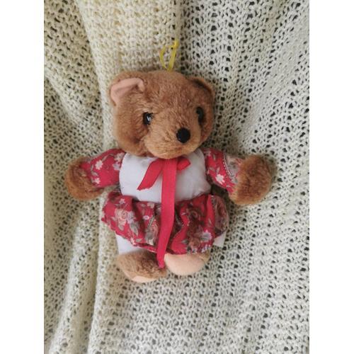 Doudou Peluche Ours Marron Robe Blanc Rouge Fleurs Jemini Vintage on Productcaster.