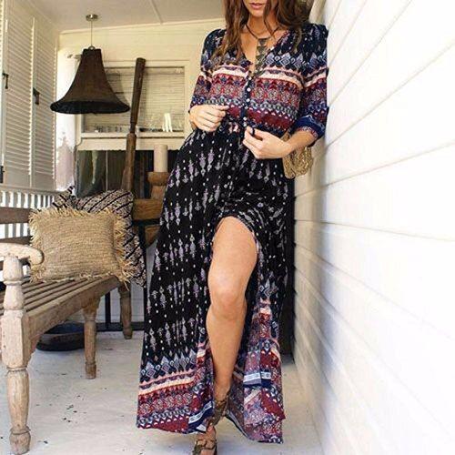 Robe Longue Maxi Style Bohémien, Col En V, Manches Trois Quarts, Im... on Productcaster.