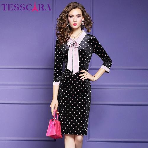 Tesscara Automne Femmes Élégant Dot Velours Robe Femme Bow Concepte... on Productcaster.