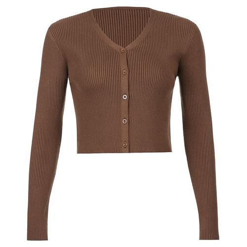 Heyoungirl Solide Marron Tricoté Haut Court Cardigan Femmes Décontr... on Productcaster.