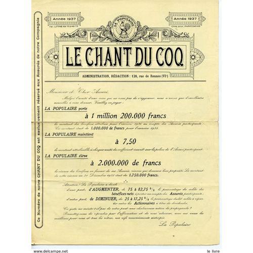 Depliant Publicitaire Le Chant Du Coq De L Assurance La Populaire 1... on Productcaster.