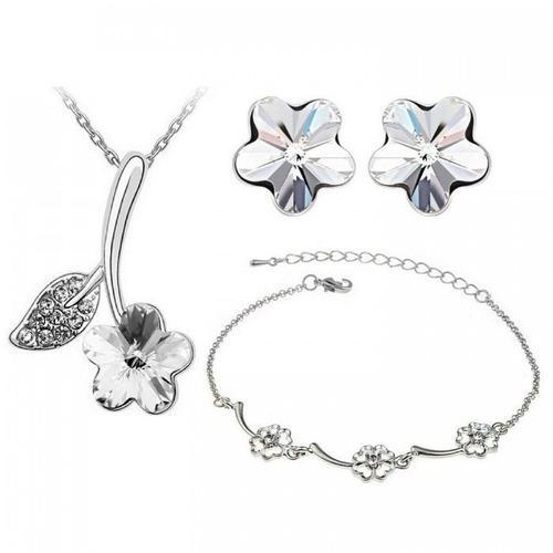 Parure Bijoux Fleur Strass Collier Boucles D'oreilles Bracelet Arge... on Productcaster.