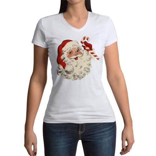 T-Shirt Femme Col V Pere Noel Vintage Retro Santa Claus 50's on Productcaster.