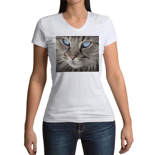 T-Shirt Femme Col V Chat Tigre A Poils Longs Persan Main Coon Yeux ... on Productcaster.