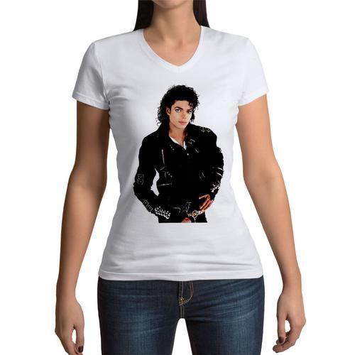 T-Shirt Femme Col V Michael Jackson Veste Noir Style Chanteur Pop S... on Productcaster.