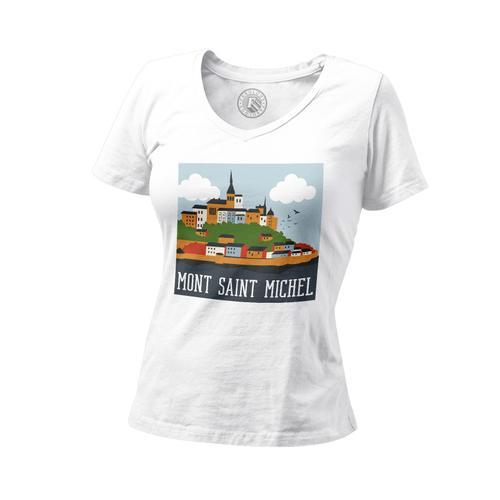 T-Shirt Femme Col V Mont Saint-Michel Village France Voyage Tourisme on Productcaster.