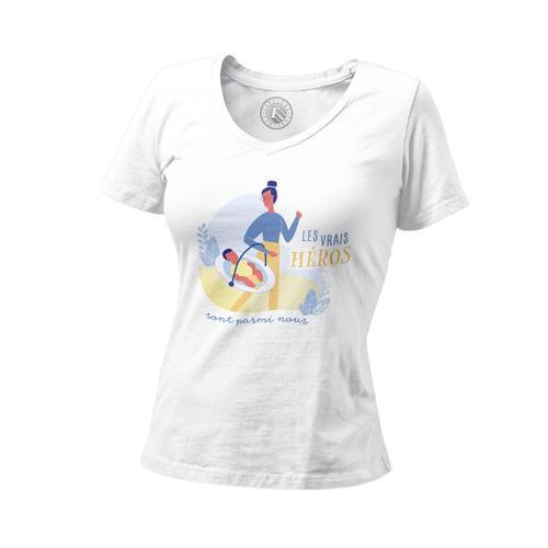 T-Shirt Femme Col V Les Vrais Héros Babysitter Métier Maman on Productcaster.