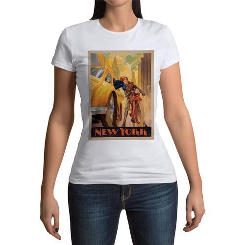 T-Shirt Femme Col Rond New York Manhattan Affiche Poster Vintage Vo... on Productcaster.